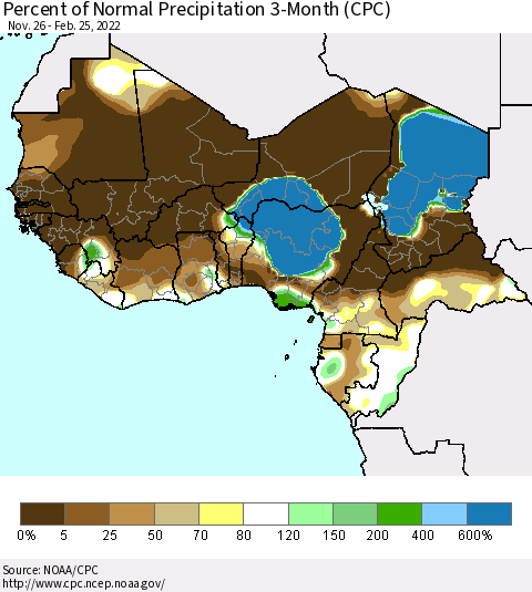 Western Africa Percent of Normal Precipitation 3-Month (CPC) Thematic Map For 11/26/2021 - 2/25/2022