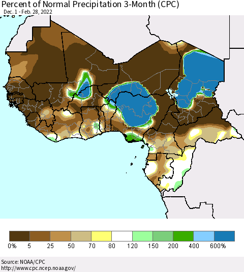 Western Africa Percent of Normal Precipitation 3-Month (CPC) Thematic Map For 12/1/2021 - 2/28/2022