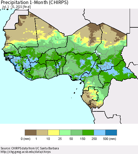Western Africa Precipitation 1-Month (CHIRPS) Thematic Map For 7/1/2021 - 7/31/2021