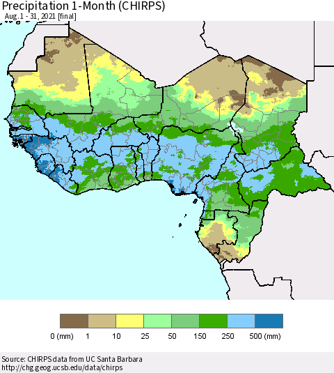 Western Africa Precipitation 1-Month (CHIRPS) Thematic Map For 8/1/2021 - 8/31/2021