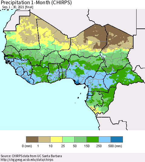 Western Africa Precipitation 1-Month (CHIRPS) Thematic Map For 9/1/2021 - 9/30/2021