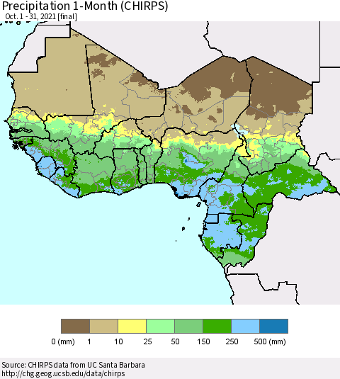 Western Africa Precipitation 1-Month (CHIRPS) Thematic Map For 10/1/2021 - 10/31/2021
