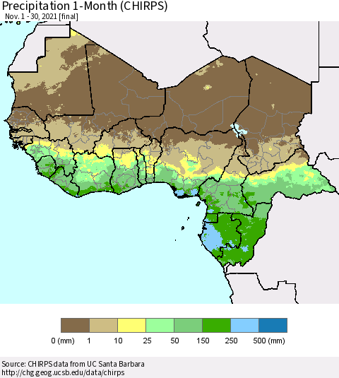 Western Africa Precipitation 1-Month (CHIRPS) Thematic Map For 11/1/2021 - 11/30/2021