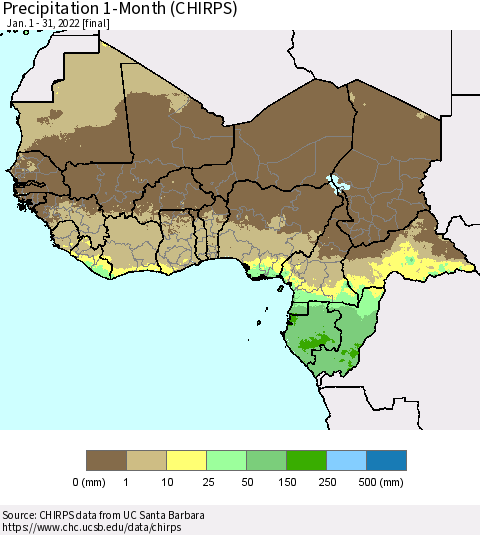 Western Africa Precipitation 1-Month (CHIRPS) Thematic Map For 1/1/2022 - 1/31/2022