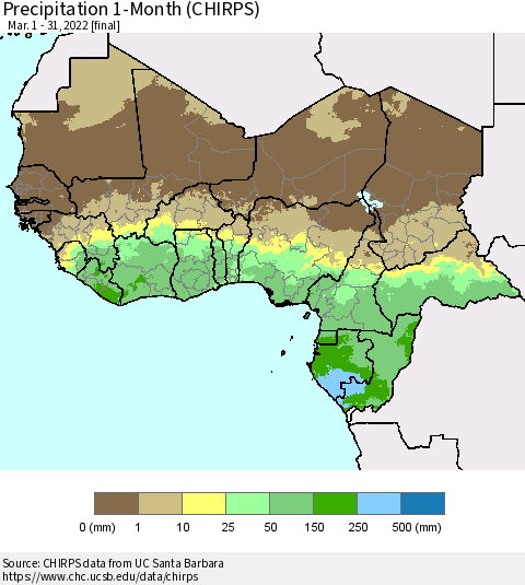 Western Africa Precipitation 1-Month (CHIRPS) Thematic Map For 3/1/2022 - 3/31/2022