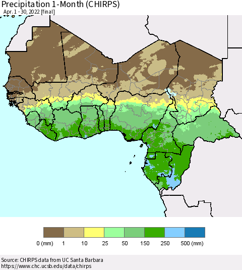 Western Africa Precipitation 1-Month (CHIRPS) Thematic Map For 4/1/2022 - 4/30/2022
