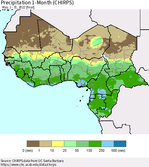 Western Africa Precipitation 1-Month (CHIRPS) Thematic Map For 5/1/2022 - 5/31/2022