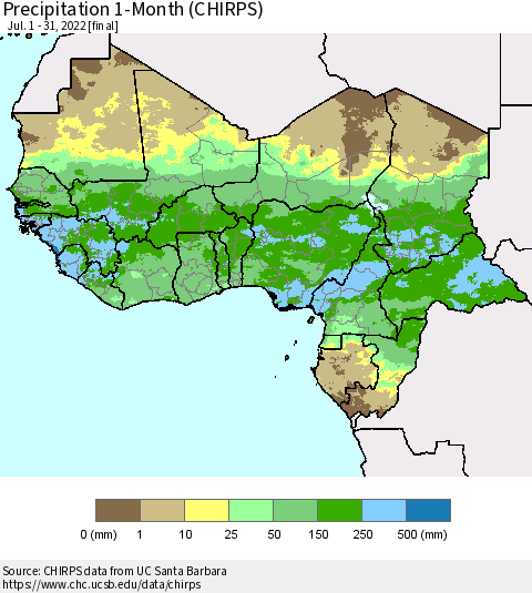 Western Africa Precipitation 1-Month (CHIRPS) Thematic Map For 7/1/2022 - 7/31/2022