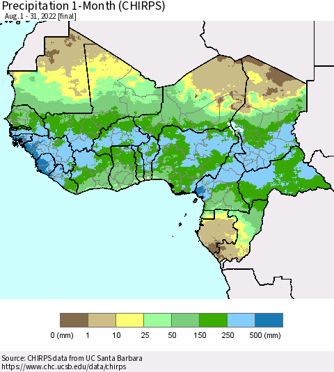 Western Africa Precipitation 1-Month (CHIRPS) Thematic Map For 8/1/2022 - 8/31/2022