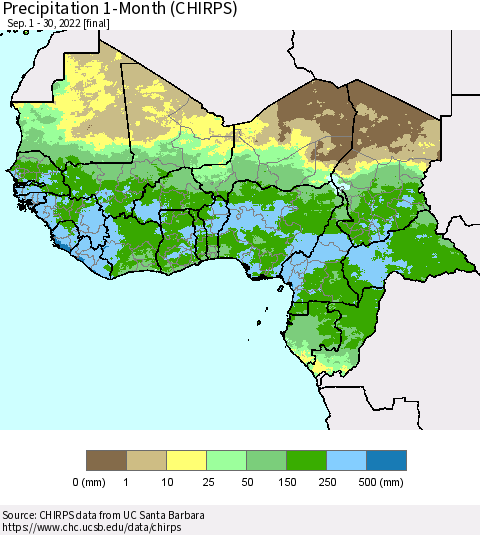 Western Africa Precipitation 1-Month (CHIRPS) Thematic Map For 9/1/2022 - 9/30/2022