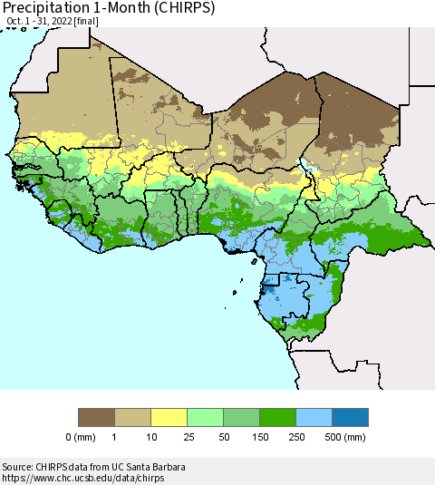 Western Africa Precipitation 1-Month (CHIRPS) Thematic Map For 10/1/2022 - 10/31/2022