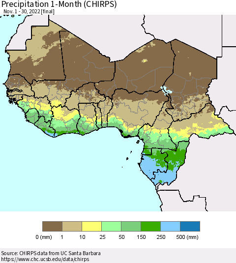 Western Africa Precipitation 1-Month (CHIRPS) Thematic Map For 11/1/2022 - 11/30/2022