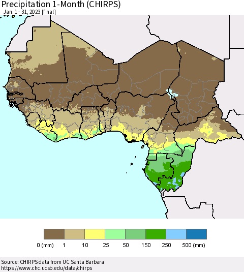 Western Africa Precipitation 1-Month (CHIRPS) Thematic Map For 1/1/2023 - 1/31/2023