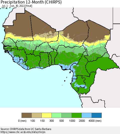 Western Africa Precipitation 12-Month (CHIRPS) Thematic Map For 7/1/2021 - 6/30/2022