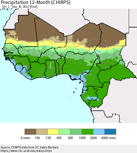 Western Africa Precipitation 12-Month (CHIRPS) Thematic Map For 10/1/2021 - 9/30/2022