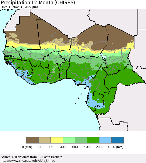 Western Africa Precipitation 12-Month (CHIRPS) Thematic Map For 12/1/2021 - 11/30/2022