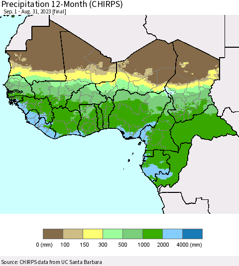 Western Africa Precipitation 12-Month (CHIRPS) Thematic Map For 9/1/2022 - 8/31/2023