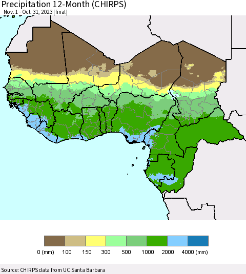 Western Africa Precipitation 12-Month (CHIRPS) Thematic Map For 11/1/2022 - 10/31/2023