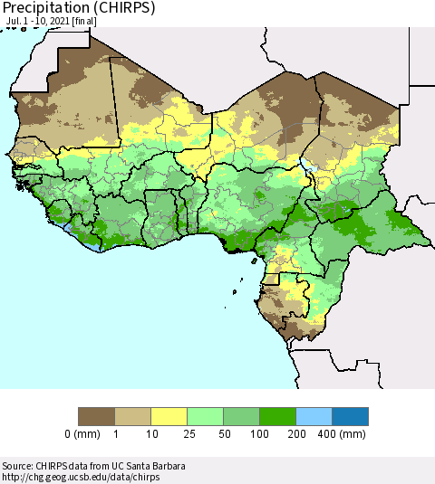 Western Africa Precipitation (CHIRPS) Thematic Map For 7/1/2021 - 7/10/2021