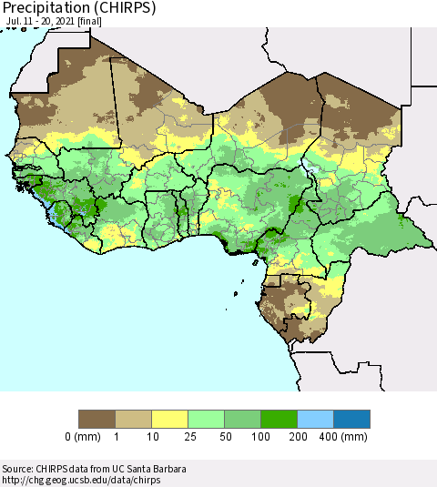 Western Africa Precipitation (CHIRPS) Thematic Map For 7/11/2021 - 7/20/2021