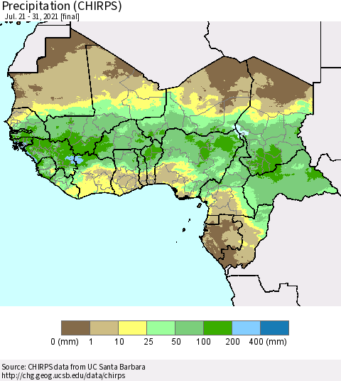 Western Africa Precipitation (CHIRPS) Thematic Map For 7/21/2021 - 7/31/2021