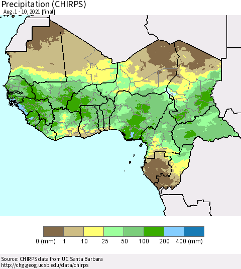 Western Africa Precipitation (CHIRPS) Thematic Map For 8/1/2021 - 8/10/2021