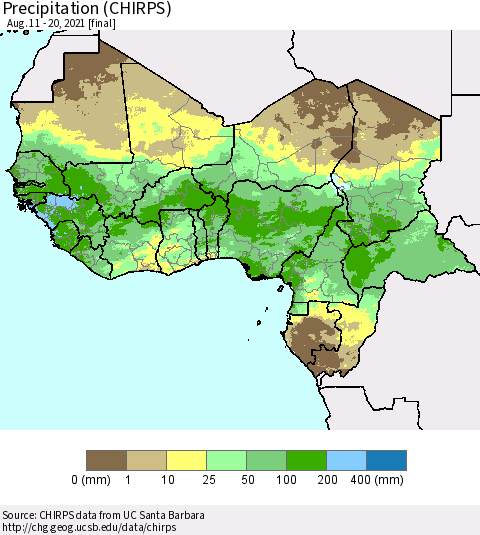 Western Africa Precipitation (CHIRPS) Thematic Map For 8/11/2021 - 8/20/2021
