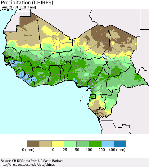 Western Africa Precipitation (CHIRPS) Thematic Map For 8/21/2021 - 8/31/2021