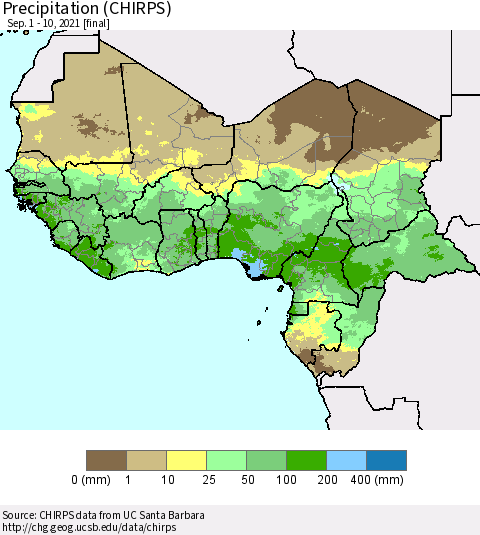 Western Africa Precipitation (CHIRPS) Thematic Map For 9/1/2021 - 9/10/2021