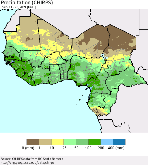 Western Africa Precipitation (CHIRPS) Thematic Map For 9/11/2021 - 9/20/2021