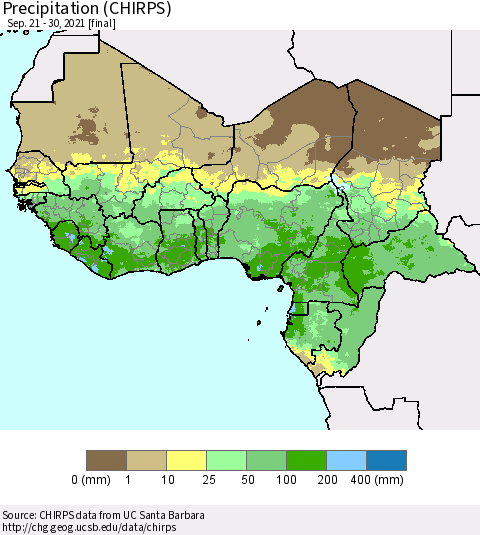 Western Africa Precipitation (CHIRPS) Thematic Map For 9/21/2021 - 9/30/2021