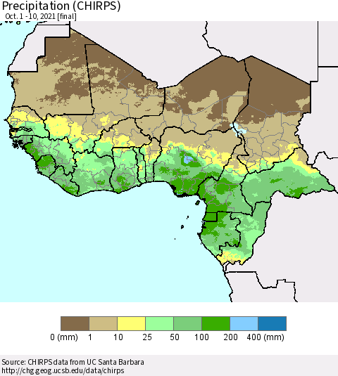 Western Africa Precipitation (CHIRPS) Thematic Map For 10/1/2021 - 10/10/2021