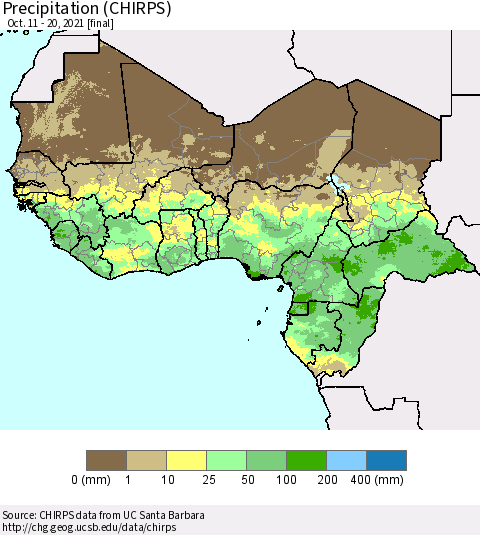 Western Africa Precipitation (CHIRPS) Thematic Map For 10/11/2021 - 10/20/2021