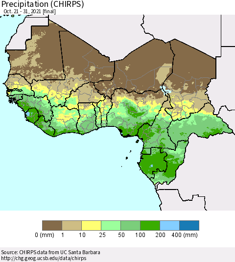 Western Africa Precipitation (CHIRPS) Thematic Map For 10/21/2021 - 10/31/2021