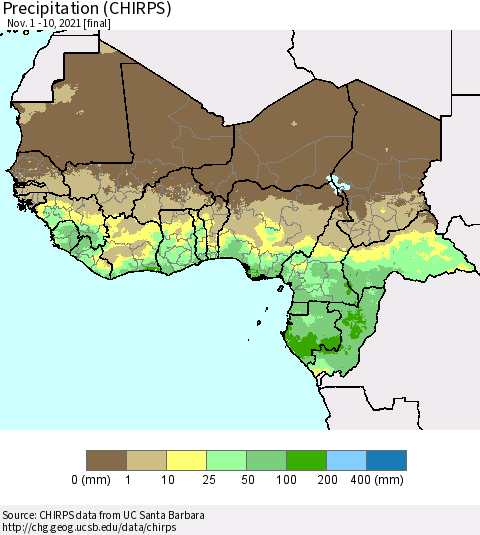 Western Africa Precipitation (CHIRPS) Thematic Map For 11/1/2021 - 11/10/2021