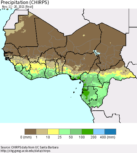 Western Africa Precipitation (CHIRPS) Thematic Map For 11/11/2021 - 11/20/2021