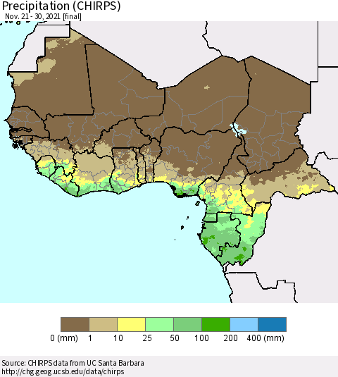 Western Africa Precipitation (CHIRPS) Thematic Map For 11/21/2021 - 11/30/2021