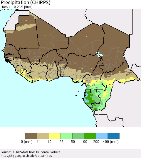 Western Africa Precipitation (CHIRPS) Thematic Map For 12/1/2021 - 12/10/2021