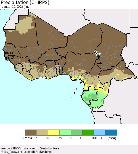 Western Africa Precipitation (CHIRPS) Thematic Map For 1/1/2022 - 1/10/2022