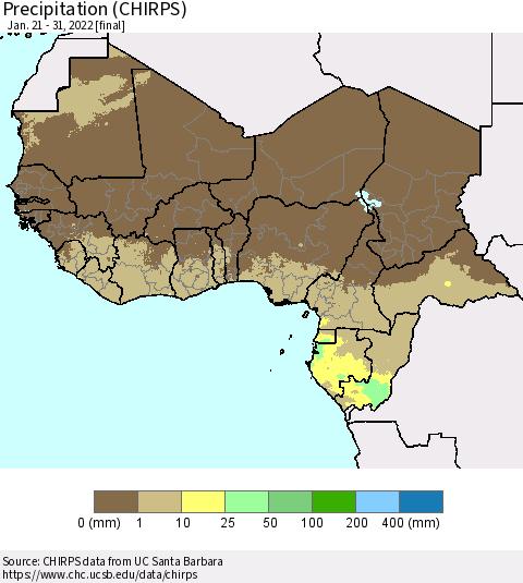 Western Africa Precipitation (CHIRPS) Thematic Map For 1/21/2022 - 1/31/2022