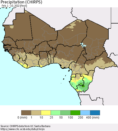 Western Africa Precipitation (CHIRPS) Thematic Map For 2/1/2022 - 2/10/2022