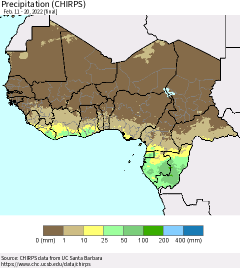Western Africa Precipitation (CHIRPS) Thematic Map For 2/11/2022 - 2/20/2022