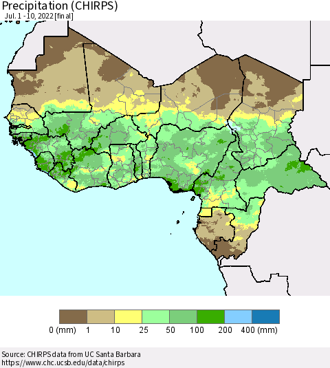 Western Africa Precipitation (CHIRPS) Thematic Map For 7/1/2022 - 7/10/2022