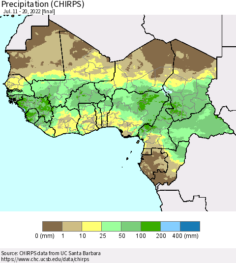 Western Africa Precipitation (CHIRPS) Thematic Map For 7/11/2022 - 7/20/2022