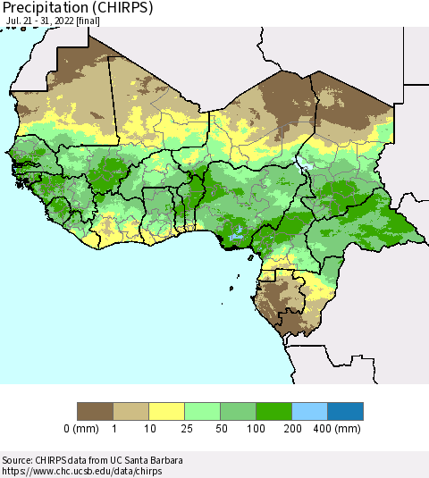 Western Africa Precipitation (CHIRPS) Thematic Map For 7/21/2022 - 7/31/2022