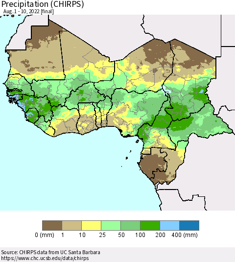 Western Africa Precipitation (CHIRPS) Thematic Map For 8/1/2022 - 8/10/2022