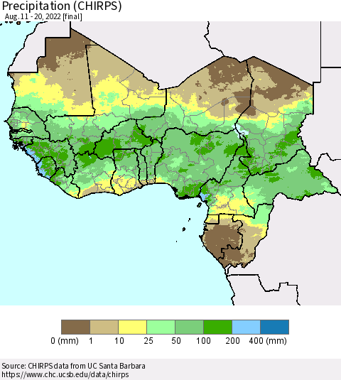 Western Africa Precipitation (CHIRPS) Thematic Map For 8/11/2022 - 8/20/2022