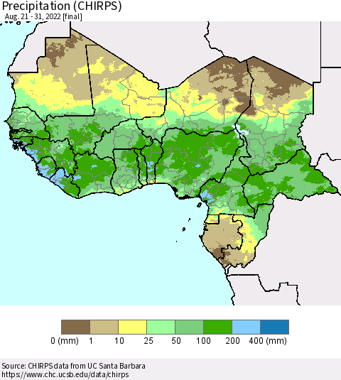 Western Africa Precipitation (CHIRPS) Thematic Map For 8/21/2022 - 8/31/2022