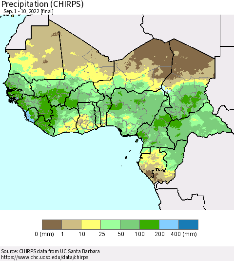 Western Africa Precipitation (CHIRPS) Thematic Map For 9/1/2022 - 9/10/2022