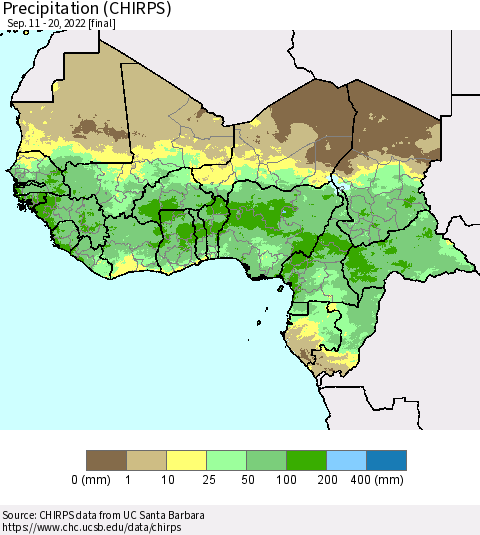 Western Africa Precipitation (CHIRPS) Thematic Map For 9/11/2022 - 9/20/2022